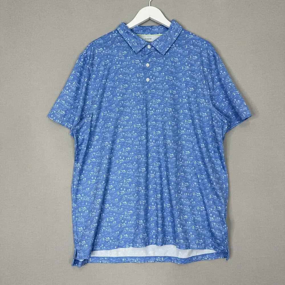 J.Crew Performance Mens Polo Shirt XXL Blue Golf Course Palm Tree Dog Printed